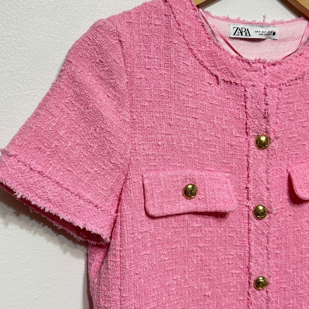 Zara Tweed Mini Dress Womens Small Pink Short Sleeve Blogger Fave Preppy‎ *Flaw - Picture 6 of 15